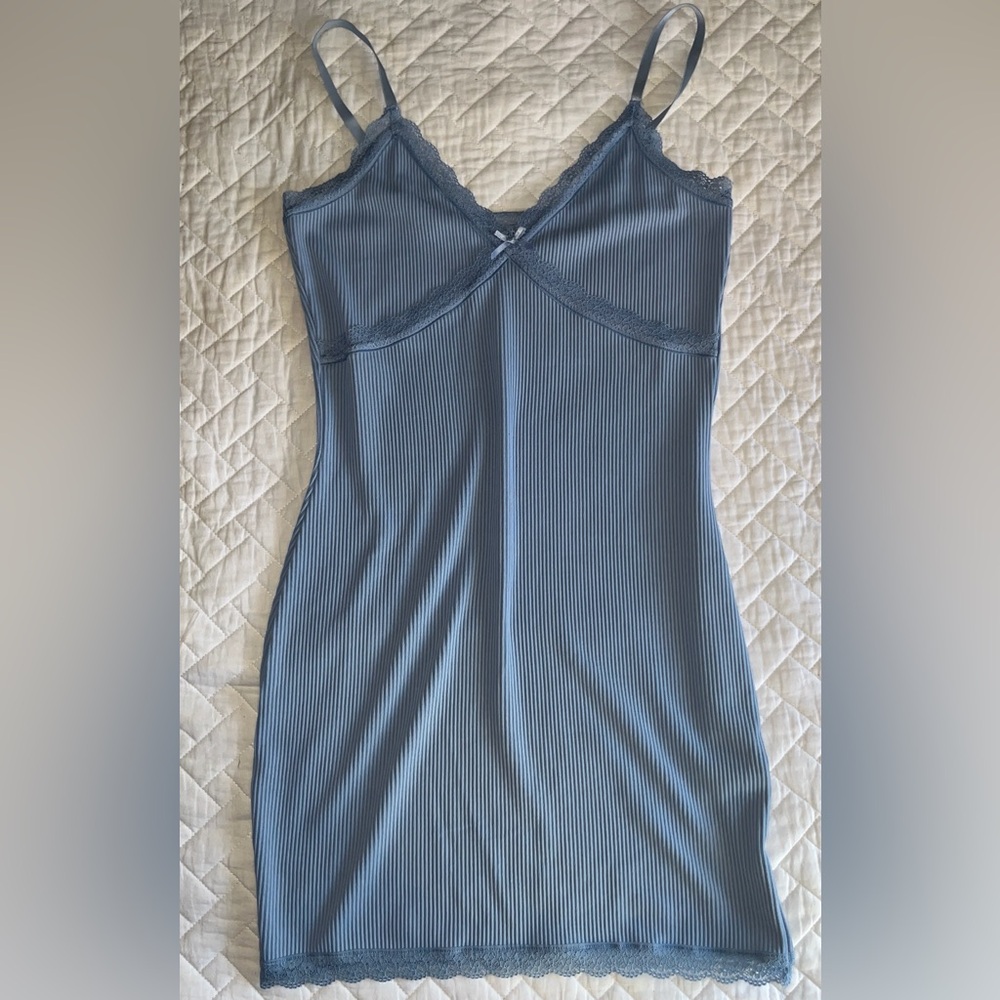 Blue Ribbed Body Con Dress